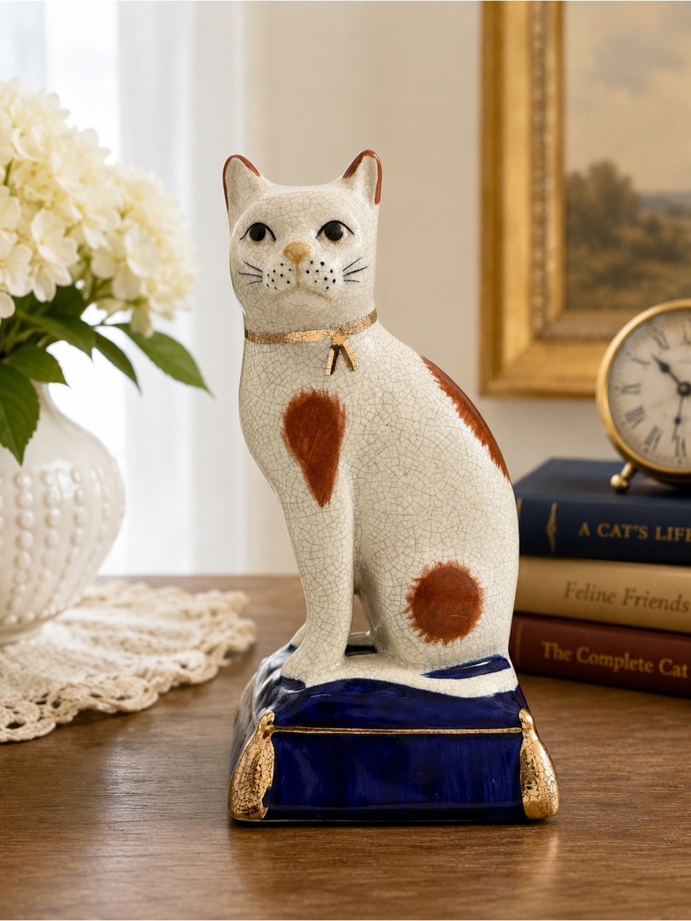 Vintage Fitz & Floyd Crackle Glaze Ceramic Cat Figurine Blue Base 7.5"